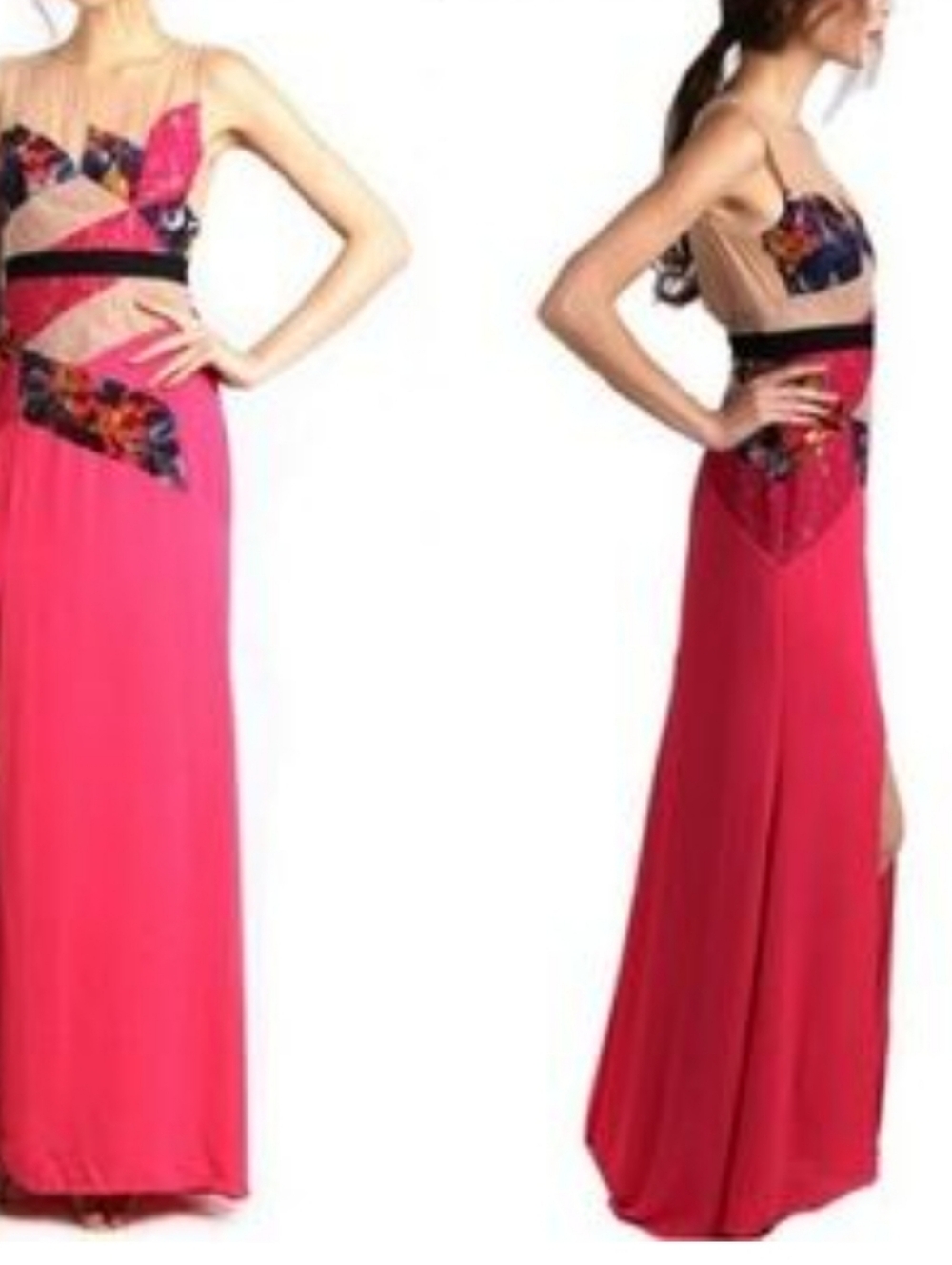 BCBG MAX AZRIA Lonnie Hot Pink Maxi Dress Lace Cutout Panel Open Back Evening - Picture 6 of 10